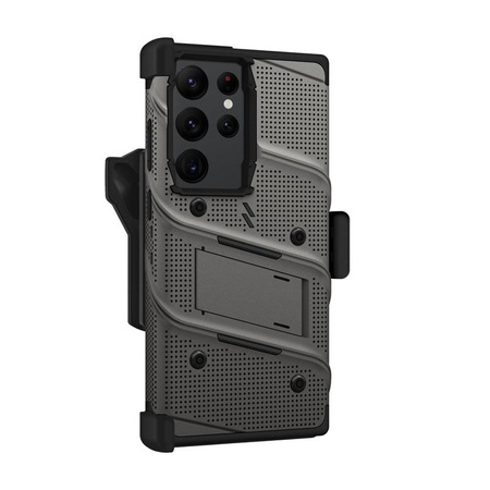 ZIZO BOLT sorozat - Samsung Galaxy S23 Ultra páncélozott tok 9H üveggel a képernyőhöz + tartó állvánnyal (szürke)