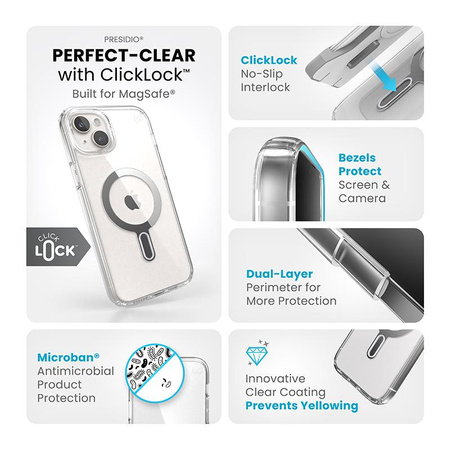 Speck Presidio Perfect-Clear ClickLock & Magsafe - iPhone 15 Plus / iPhone 14 Plus Hülle (Transparent / Chrom-Finish / Serene Silver)