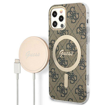 Guess Bundle Pack MagSafe 4G - sada pouzdra pro iPhone 12 / iPhone 12 Pro + nabíječka MagSafe (hnědá/zlatá)