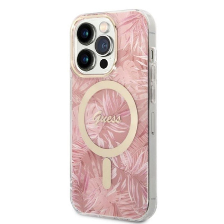Guess Bundle Pack MagSafe IML Jungle - MagSafe iPhone 14 Pro Case + Charger Set (pink/gold)