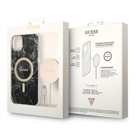 Guess Bundle Pack MagSafe IML Marble - sada pouzdra pro iPhone 14 Plus + nabíječka MagSafe (černá/zlatá)