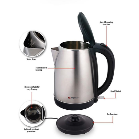 LARGE STEEL ELECTRIC Kettle 1.7 L, mit Untertasse, Alpina, 1850-2200W
