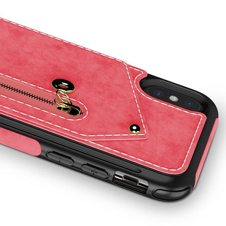 Zizo Nebula Wallet Case - Leather iPhone X case with card pockets + zippered pouch + 9H glass for screen (Pink/Black)