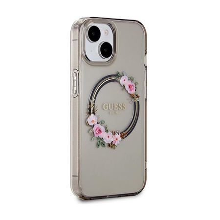 Guess IML Flowers Wreath MagSafe - Hülle für iPhone 15 (Schwarz)