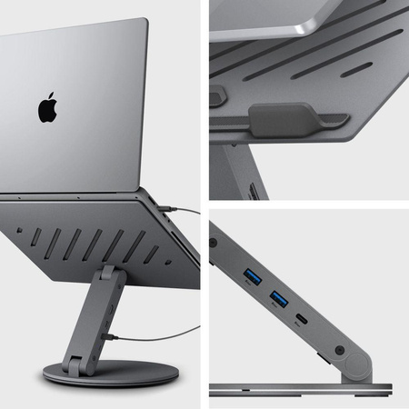 ALUMINIOWA PODSTAWKA SPIGEN POD LAPTOPA Z HUBEM, Szary Stojak na Biurko