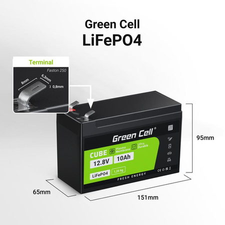 Green Cell - LiFePO4 12V 12.8V 10Ah Batterie für Photovoltaikanlagen, Wohnmobile und Boote