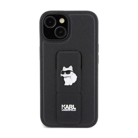 Karl Lagerfeld Gripstand Saffiano Choupette Pins - pouzdro pro iPhone 15 Plus (černé)