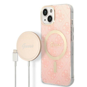Guess Bundle Pack MagSafe 4G - Set aus hülle für iPhone 14 Plus + MagSafe Ladegerät (Pink/Gold)