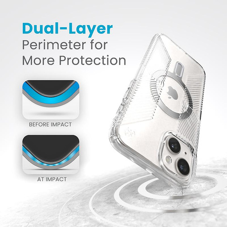 Speck Presidio Perfect-Clear Grip ClickLock & MagSafe - Tasche iPhone 15 Plus / iPhone 14 Plus (Klar / Chrom-Finish / Serene Silber)