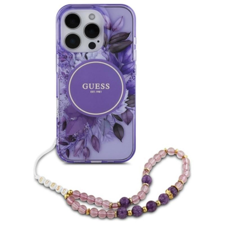 Guess IML Virágok gyöngyszíjjal MagSafe - iPhone 16 Pro tok (lila)