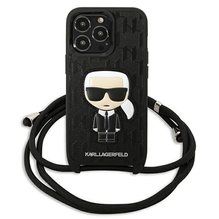 Karl Lagerfeld Leather Monogram Patch and Cord Iconik - Hülle für iPhone 13 Pro (Schwarz)