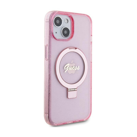 Guess Ring Stand Script Glitter MagSafe - Etui iPhone 15 (różowy)