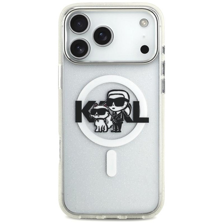 Karl Lagerfeld IML Glitter Karl & Choupette Sketch Logo MagSafe - Hülle für iPhone 17 Pro Max (transparent)
