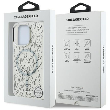 Karl Lagerfeld IML Karl Script Pattern MagSafe – Pouzdro pro iPhone 16 Pro (bílé)