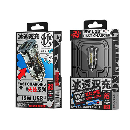 WEKOME WP-C40 Vanguard sorozat - Autótöltő 2 x USB-A gyorstöltés 15W (fekete / átlátszó)