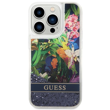 Guess Liquid Glitter Flower - Hülle für iPhone 14 Pro Max (Blau)