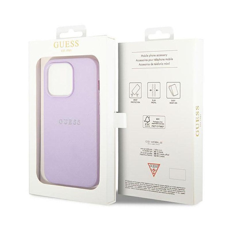 Pouzdro Guess Saffiano Metal Logo Stripes - iPhone 14 Pro Max (lila)