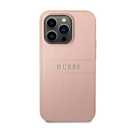 Pouzdro Guess Saffiano Metal Logo Stripes - iPhone 14 Pro Max (růžové)