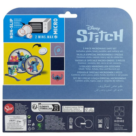Disney Stitch - Protiskluzová sada nádobí do mikrovlnné trouby 5 ks. (talíř, miska, hrnek, vidlička, lžíce)