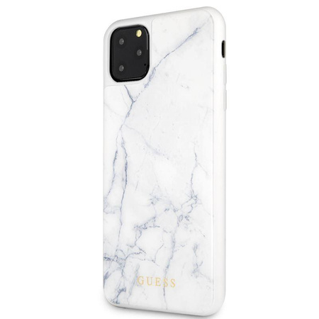 Tvrdé pouzdro z mramorového tvrzeného skla Guess - pouzdro pro iPhone 11 Pro Max (bílé)