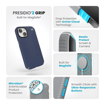 Speck Presidio2 Grip Magsafe - Hülle für iPhone 16e / iPhone 15 / iPhone 14 / iPhone 13 (Küstenblau / Staubgrau / Weiß)