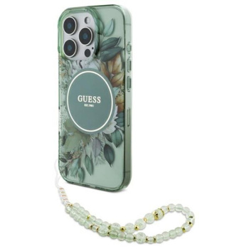 Guess IML Flowers With Pearl Strap Étui MagSafe pour iPhone 16 Pro (vert)