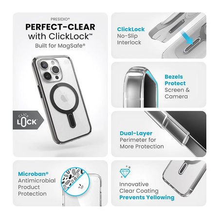 Speck Presidio Perfect-Clear ClickLock & Magsafe - iPhone 15 Pro Hülle (Transparent / Mattschwarz / Schiefergrau)