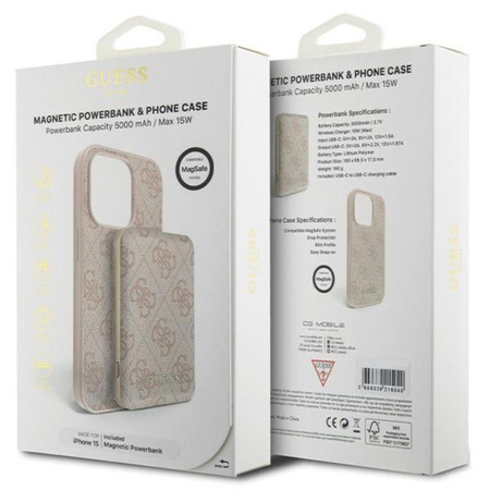 Guess Bundle Pack MagSafe 4G Metal Gold Logo - Case set + Power Bank 5000mAh MagSafe iPhone 15 (pink)