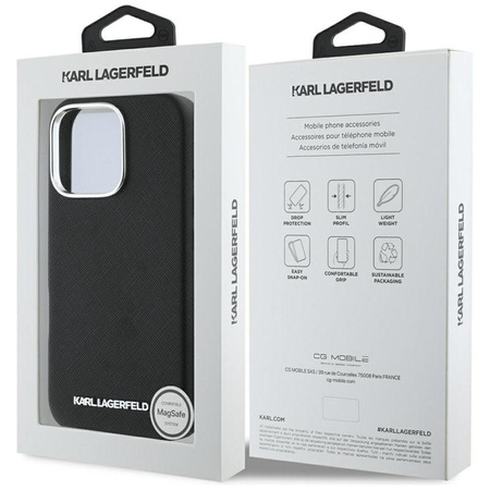 Karl Lagerfeld Saffiano Full Wrapped Elongated Metal Logo MagSafe - pouzdro pro iPhone 16 Pro (černé)