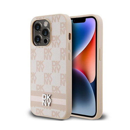 DKNY bőr kockás egyszínű mintás és nyomtatott csíkos - iPhone 14 Pro tok (rózsaszín)