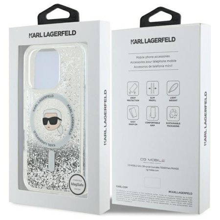 Karl Lagerfeld Liquid Glitter Karl Head MagSafe - iPhone 16 Pro tok (átlátszó)