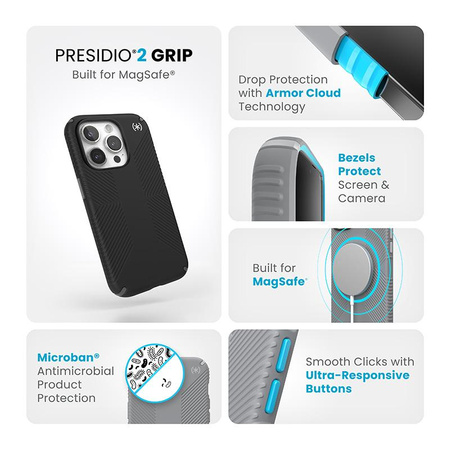 Speck Presidio2 Grip Magsafe - iPhone 15 Pro tok (fekete / pala szürke / fehér)