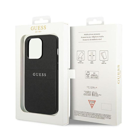 Guess Saffiano Metal Logo Stripes - pouzdro pro iPhone 14 Pro Max (černé)