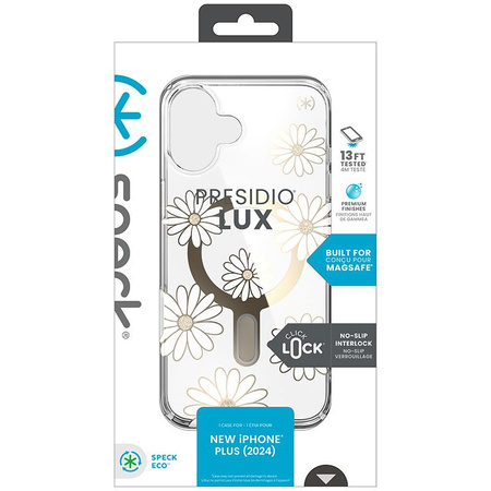 Speck Presidio Lux ClickLock & MagSafe - Case for iPhone 16 Plus (Sunshine Daisies / Clear / Gold)