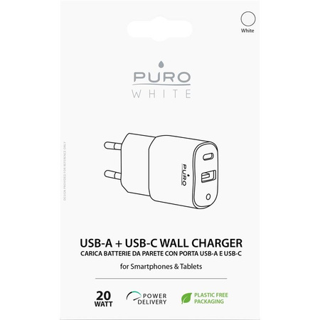 PURO Weißes Mini-Schnell-Ladegerät für unterwegs - USB-A + USB-C Power Delivery 20W Schnell-Ladegerät für unterwegs (weiß)