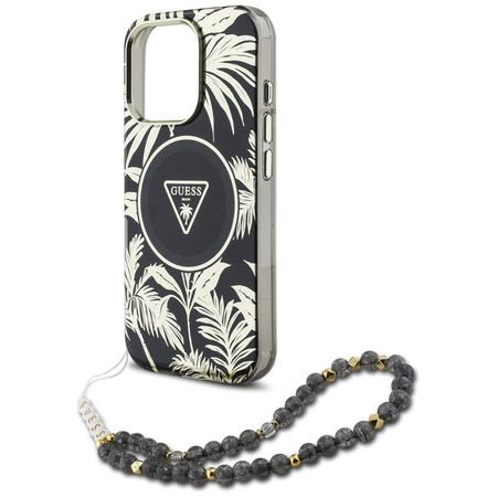 Guess Palm Trees Triangle Pearl Strap MagSafe - Hülle für iPhone 16 Pro (schwarz)