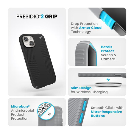 Speck Presidio2 Grip - Tasche iPhone 16e / iPhone 15 / iPhone 14 / iPhone 13 (Schwarz / Schiefergrau / Weiß)