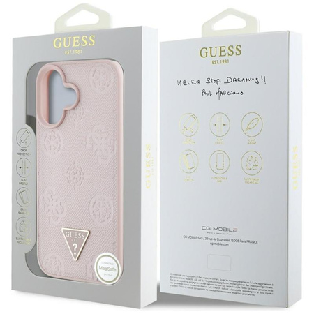 Guess Grained Hot Stamp Peony Triangle Logo MagSafe - Hülle für iPhone 16 (rosa)