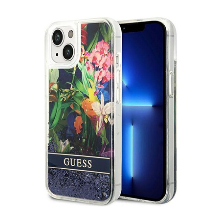 Guess Liquid Glitter Flower - Hülle für iPhone 14 (Blau)