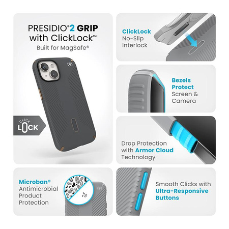 Speck Presidio2 Grip ClickLock & MagSafe - Case for iPhone 16e / iPhone 15 / iPhone 14 / iPhone 13 (Charcoal Grey/Cool Bronze)