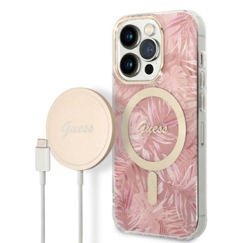 Guess Bundle Pack MagSafe IML Jungle - MagSafe iPhone 14 Pro Tasche + Ladegerät Set (rosa/gold)