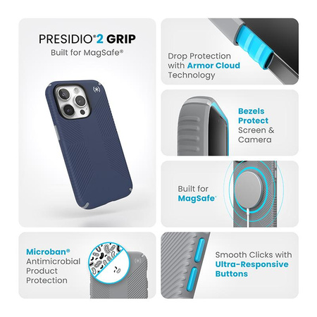 Speck Presidio2 Grip Magsafe - iPhone 15 Pro Case (Coastal Blue / Dust Gray / White)
