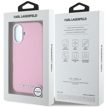 Karl Lagerfeld Saffiano Full Wrapped Elongated Metal Logo MagSafe - Case for iPhone 16 (pink)