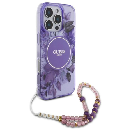 Guess IML Flowers With Pearl Strap MagSafe - pouzdro pro iPhone 16 Pro (fialové)