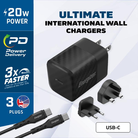 Energizer Ultimate - Multiplug EU / UK / US GaN USB-C 20W PD utazási töltő + USB-C kábel (fekete)