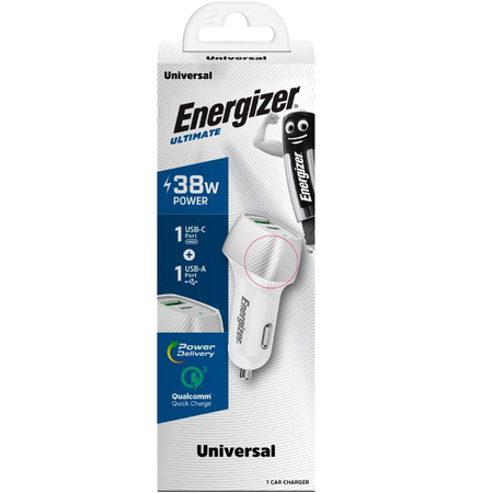 Energizer Ultimate - USB-C a USB-A 38W PD + QC3.0 nabíječka do auta (bílá / stříbrná)