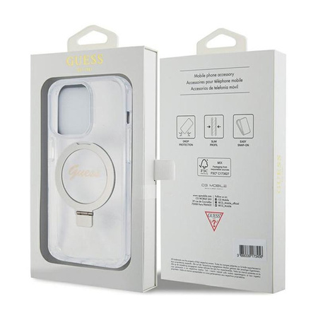Guess Ring Stand Script Glitter MagSafe - Coque iPhone 15 Pro Max (Transparent)
