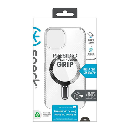 Speck Presidio Perfect-Clear Grip ClickLock & MagSafe - Case iPhone 16e / iPhone 15 / iPhone 14 / iPhone 13 (Clear / Chrome Finish / Serene Silver)