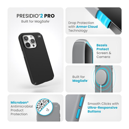 Speck Presidio2 Pro Magsafe - Coque pour iPhone 15 Pro (Noir / Gris ardoise / Blanc)
