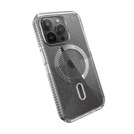 Speck Presidio Lux Grip ClickLock & Magsafe - Coque pour iPhone 15 Pro (Transparent / Finition chromée / Argent Serein)